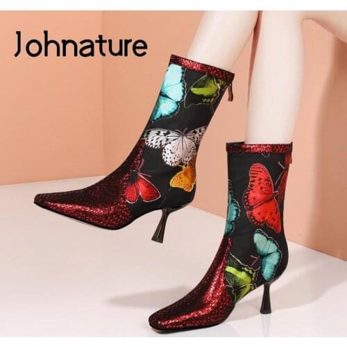 Johnature Genuine Leather Summer Boots Women Shoes 2021 New Mesh Print Thin Heels Pointed Toe Handmade Concise Zip Ladies Boots