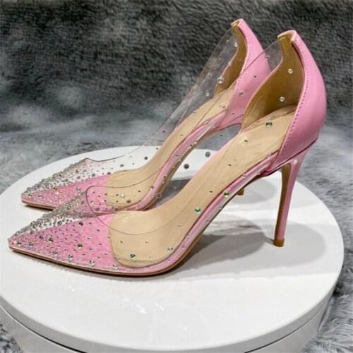Pink ladies transparent PVC cutouts 10cm thin high heel pointed toe 8cm silver party wedding fashion pumps SJ002 CHENSIR9