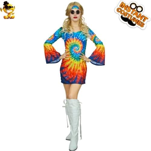 Girls Rainbow Hippie Outfits Women Disco Retro Fancy Dress Clothing Carnival Sexy Lady Cosplay Deluxe Party Adult 60s 70s Suit