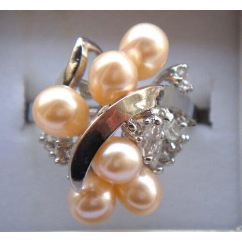 Ladys charm cultured pink fresh water pearl CZ ring #7,8,9