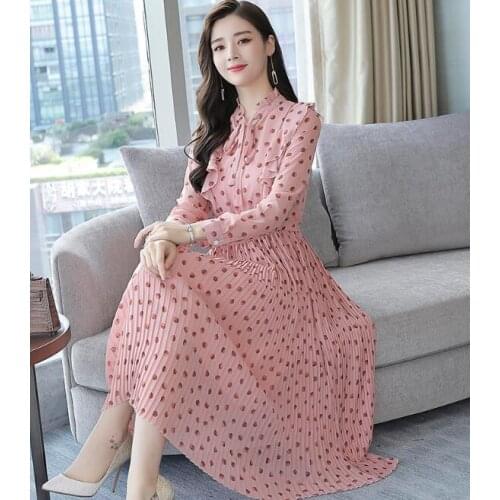 High Quality 2019 Summer New Arrival Bow Collar Long Sleeve Dots Ruffles Printed Woman Pleated Chiffon Dress