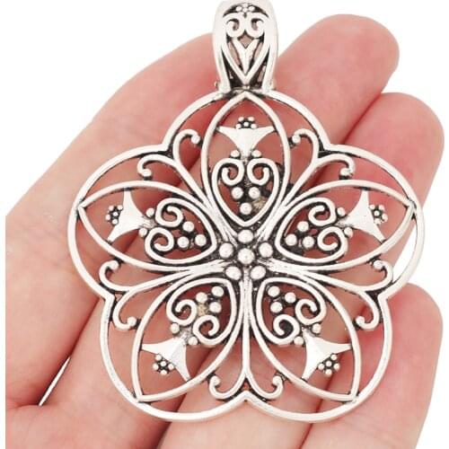 2 x Large Tibetan Silver Filigree Flower Charms Pendants for Necklace Jewelry Making Findings 65x53mm