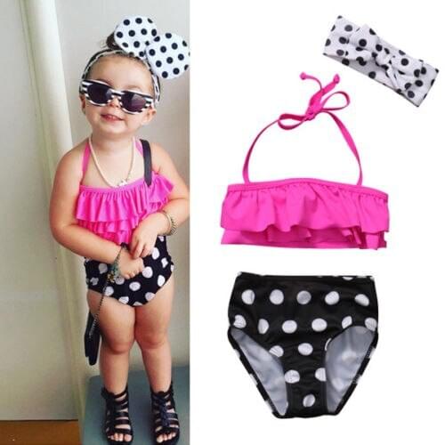3Pcs Toddler Baby Girls Lovely Cute Swimsuit Sleeveless Pink Belt Ruffles Tops Dot Print Shorts Headband Swimwear Bathing Suit