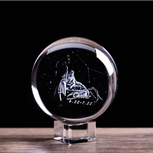 3D Laser Engraved Constellation Crystal Glass Ball Angel Cancer Figurine Statuette Paperweight Home Office Decoration Accessory