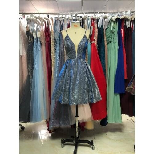 Glitter blue Homecoming Dress 2020 new fablic v-neck knee-length beauty Party Homecoming Dresses-mocini tailor