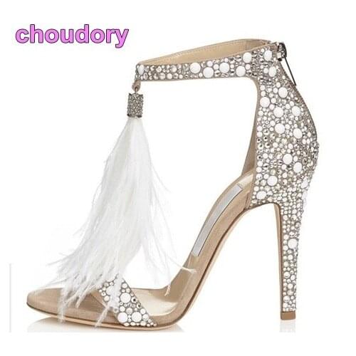 Bling Bling Silver Crystal Embellished Dress Sandals White Feather Fringe Wedding High Heel Shoes Shining Rhinestone Sandal