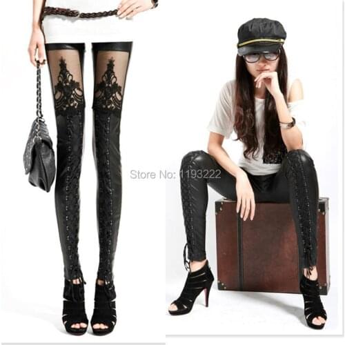 Punk Gothic Black Faux Leather Leggings Lace Floral See-through Cross Bandage Tied Tights S-XL