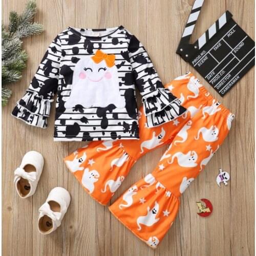 2 Pieces Kids Suit Set, Toddler Cartoon Ghost Print Round Neck Long Sleeve Tops+ Flared Trousers, 1-5 Years