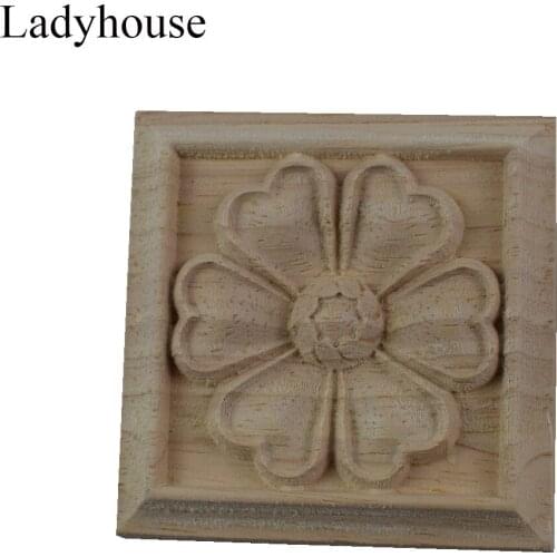 Exquisite Classic Rubber Wood Carved Applique Furniture Natural Square Decal Home Decoration Accessories Ornaments Miniature
