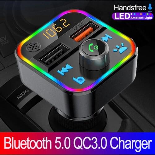 JINSERTA One Key Bass Bluetooth 5.0 FM Transmitter Handsfree Car Mp3 Player QC3.0 Dual USB Charger 7-Color Atmosphere Mood Light