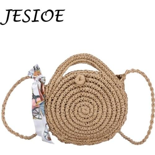 Round Soft Rope Silk Scarf Shoulder Bag Summer Beach Handmade Crossbody Bags Women Casual Straw Bag Seaside Circle Rattan Bag
