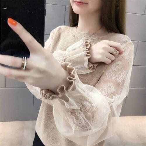 Fashion Casual Female Jumpers Loose O Neck Lantern Sleeve Pullover Tops Mesh Patchwork Knitted Sweater Spring Women Sweater