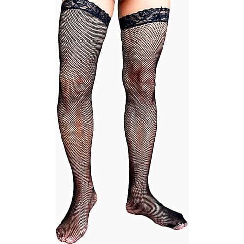 Men Summer See-through Fishnet Stockings Anti-Slip Lace Top Hollow Out Mesh Hosiery Thigh-highs Socks Women Fishnet Stockings