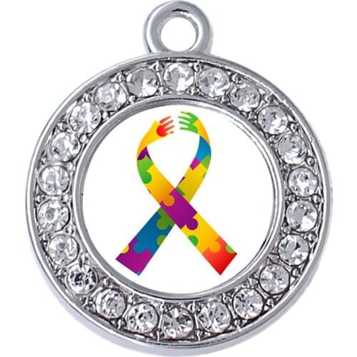 New hot rhinestone inlaid autism puzzle ribbon pattern label metal charm enamel mirror jewelry pendant