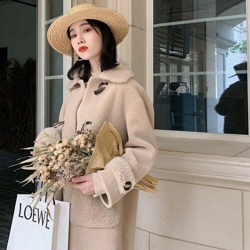 Granular cashmere women new wear medium long ox horn buckle autumn winter loose Real fur integrated coat women belted wool coat