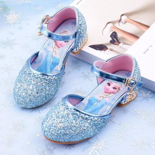 Disney Girls Single Shoes Elsa Princess Leather Shoes Kids Frozen Sandals Crystal Shoes Girls High Heels Party Show Shoes