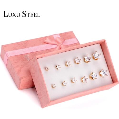 LUXUSTEEL Gold Stud Earrings Shiny Star Crystal Earring Sets Stainless Steel 6Pairs/Boxes Push Back Jewelry Gift For Women/Girl
