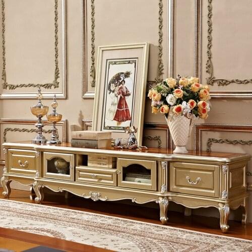 Jubaijiahui champagne living room European TV cabinet French solid wood paint luxury floor cabinet low cabinet f23
