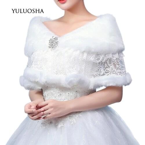 YULUOSHA Bridal Cape New Arrival Women White Wedding Jackets Patchwork Faux Fur Shawl Wedding Bolero Winter Cloak Bridal Jacket