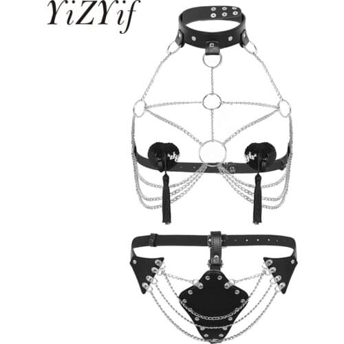 YiZYiF Women Sexy Lingerie harness bra Open Bust Body Chest Harness Chain gothic fetish garter belt bondage harness Underwear