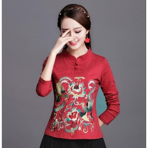 Chinese Style Clothing Women Black Embroidery Folk Retro Vintage Shirt Female Ethinc Blouse Spring Ladies Chinese Tops TA1372