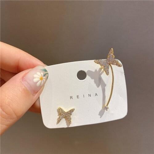 Fairy Shiny Rhinestones Asymmetric Butterfly Earrings for Women Gold Color Metal Pendients Statement Dangle Earrings Jewelry