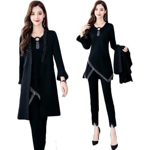 Plus Size Women Sets 2021 New Spring Autumn Tops+Vest And Pants Three Piece Suit Loose Thin Casual Female Pants Black 3PCS Q48