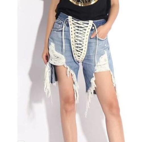 2021 Womens Blue Fashion Bandage Patchwork Pockets High Waist Hole Bow Wear Button Fly Straight Shorts Summer E962