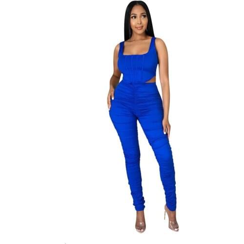 Ruched Solid Tracksuit Women Summer Streetwear Sleeveless Tank Crop Top + Stacked Pants Slim Club Two Piece Set Women Outfits