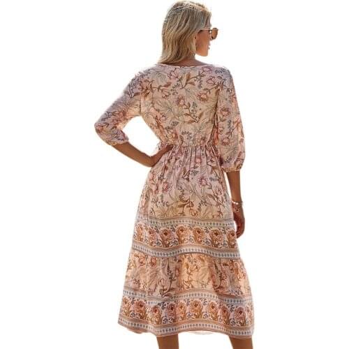 Women Summer Puff Sleeve Midi Long A-Line Flowy Dress Bohemian Floral Print V-Neck Button High Waist Beach Sundress D0LF