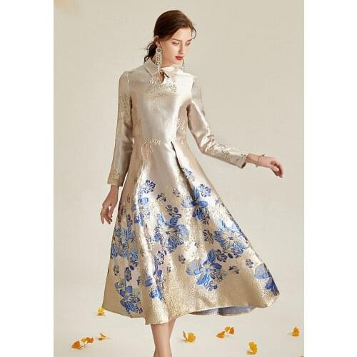 2021 Spring Summer Jacquard Dress Brocade England Style Dress Women Long Sleeve Party Evening Clothing Mid-Calf Ball Gown