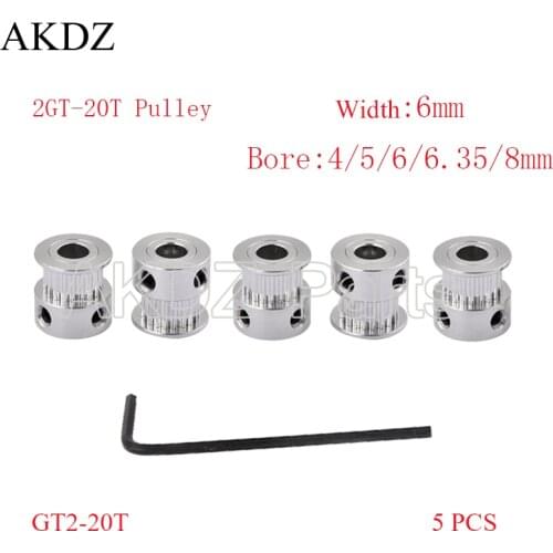 5PCS GT 20 Teeth 2GT 2M Timing Pulley Bore 4/5/6/6.35/8mm for 2MGT GT2 Synchronous Belt Width 6/10mm Small Backlash 20Teeth 20T
