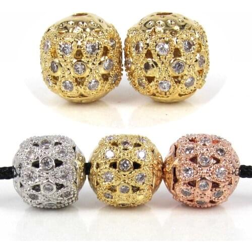 New 6Pcs/Lot 8*9mm Charm Gold Plated Micro Pave Zirconium Brass Flowers Hollow Spacer Bead For Fashion Macrame Bracelet Making