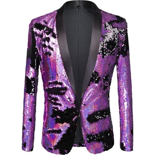Shawl Lapel Double-side Sequins Purple Blazer Mens Formal Banquet Prom Shiny Suits Jacket Tuxedo Singer Host Evening Costume