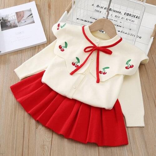 Childrens Clothes Skirt Suit Winter 1-6 Yrs Baby Girl Doll Collar Cherry Knitted Sweater Top + Short Skirt 2pcs Kids Costume