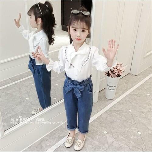 3-12T Kids Clothes Set Girls Outfit spring autumn long Flare Sleeve Top+Jeans Children Clothing Set 2pcs 2020