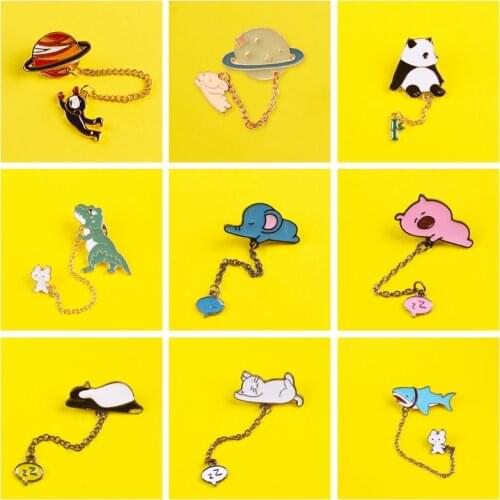 Chain Anime Icons On The Backpack Bunny Panda Brooches Astronaut Enamel Pin On Jeans Jacket Metal Badges On Pins Paired Jewelry