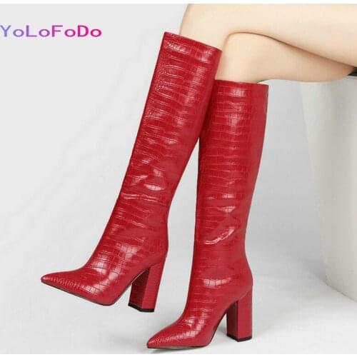 Brand Design Faux Leather Women Knee High Boots High Quality Square High Heel Boots Fashion Pointed Toe Womans Shoes Big Size