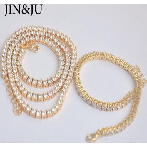 JIN&JU Imitate Diamonds Chains Necklaces Luxury Quality Bracelets Set For Women Mens Charms Gold Color Hot Selling Jewelry