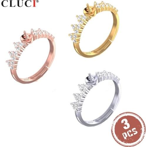 CLUCI 3pcs Silver 925 Zircon Crown Pearl Ring Mounting for Women Wedding 925 Sterling Silver Adjustable Crown Rings SR2221SB