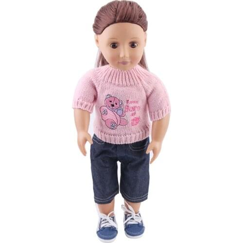 Doll clothes pink sweater set bear design + pant toy accessories fit 18 inch Girl doll and 43 cm baby doll c203