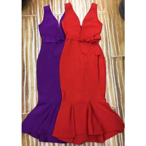 Summer Bandage Dress Women Elegant Red Purple Sexy Ruffles Bodycon Club Have Belt Midi Dress Celebrity Party Dress