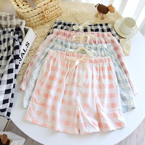 Summer New Couple Shorts 100% Viscose Fiber Womens Simple Plaid Mens Loose Five-point Pajama Pants Bottoms Cute Pajama Shorts