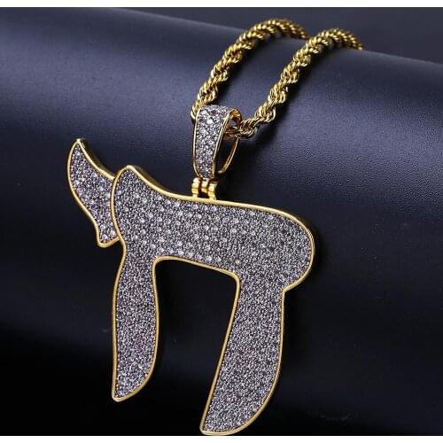 Micro Paved AAA+ Cubic Zirconia Bling Iced Out Hebrew Chai Pendants Necklace for Men Women Hip Hop Rapper Jewelry