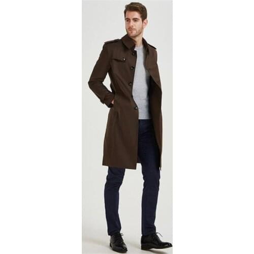 Mens trench coat slim-fit windbreaker single-breasted long youth fashion brown over-the-knee clothing autumn new style British