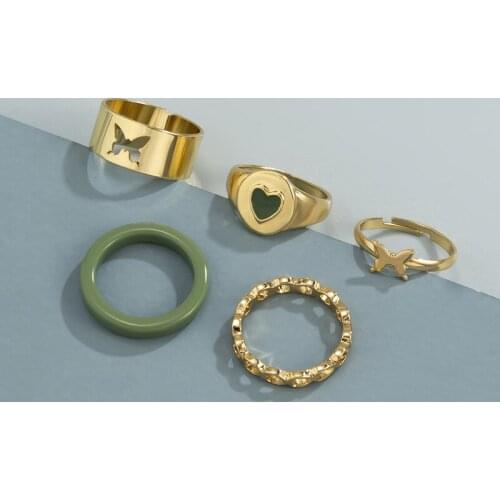 Sweet Gold Color Butterfly Drip Oil Heart Rings Set Fashion Geometric Acrylic Rings for Women Girl Party Jewelry Acessories