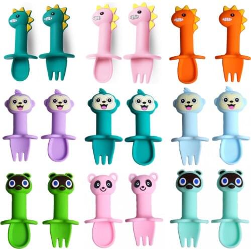Baby Silicone Spoon Fork Set Kid Cartoon Toddlers Infant Feeding Accessories Dishes Spoon Silicone Tableware for Children Goods