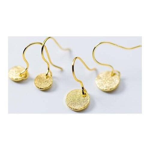 1pair Authentic Real 100% 925 Sterling Silver fine Jewelry golden Geometric Lucky Round Coin Hook dangle Earrings C-E8165