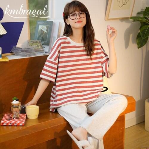 Kmbraeal Women Nightshirt Sets Women Cotton Pajama Set Solid Color Stripes Pyjama Set short Sleeve Sleepwear Women Top Long Pant