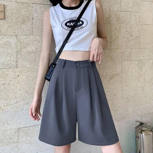 Plus Size Summer Workwear Shorts Womens Half Long Office Lady High Waist Button Business Suit Female Loose Wide Leg Chic Shorts